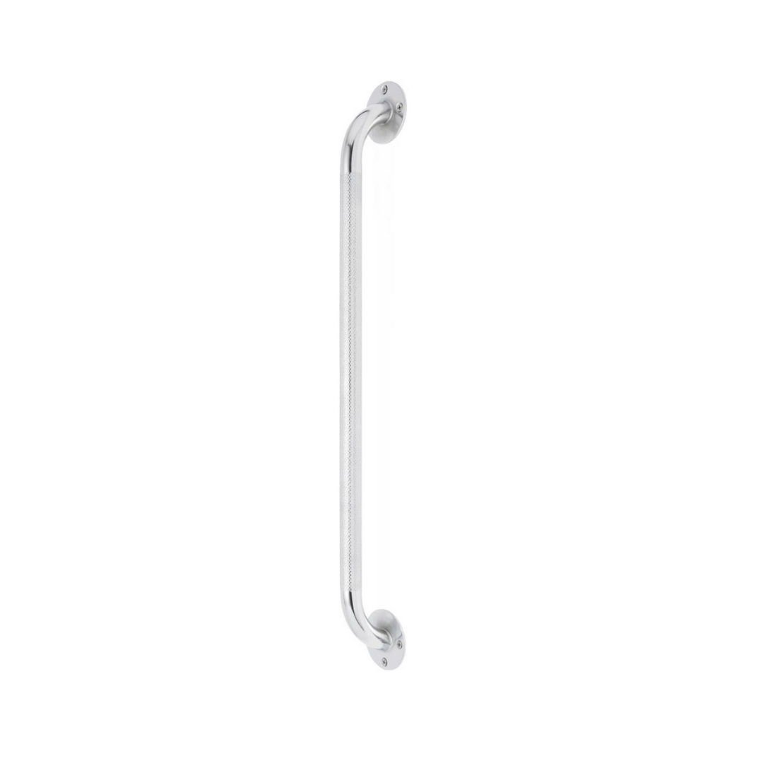 The Medline Knurled Chrome Grab Bars feature a non-slip grip and round mounting plates, with a smooth polished finish, designed for fall prevention and shown against a plain white background.